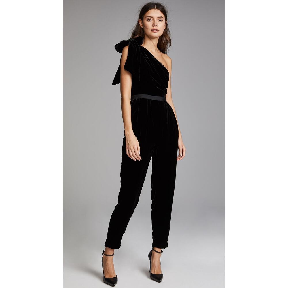 ULLA JOHNSON Tess Jumpsuit in Noir Size 2 Black Velvet One Shoulder Bow Detail